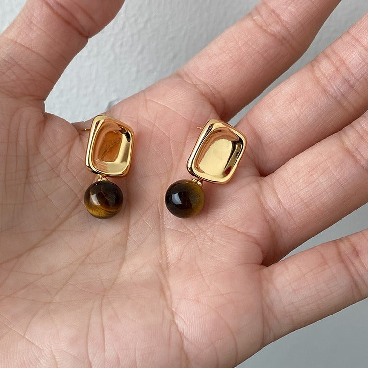 Retro Autumn And Winter Maillard Square Caramel Tigereye Stud Earrings