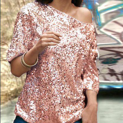 Half Sleeve T-shirt Pure Color Sequins Oblique Shoulder Half-sleeved Shirt