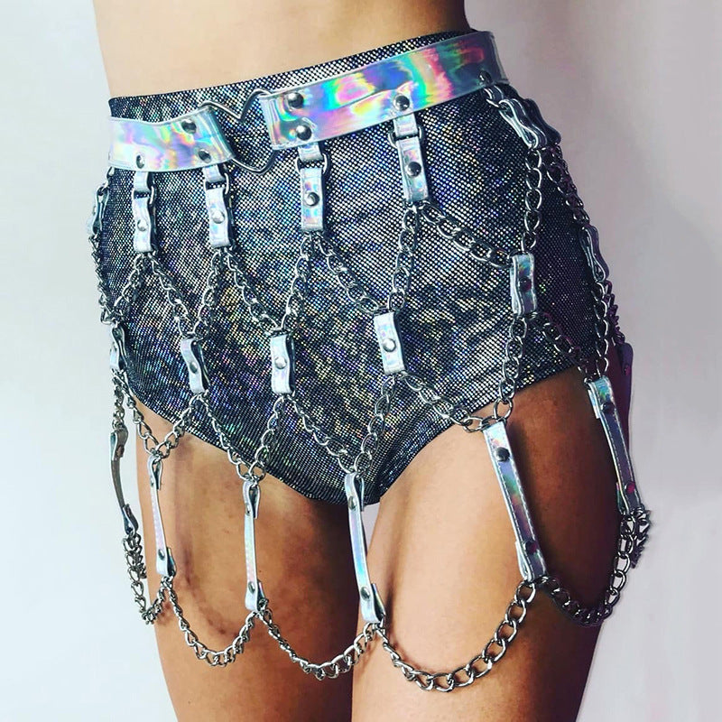 Punk Laser Leather Waist Chain Skirt