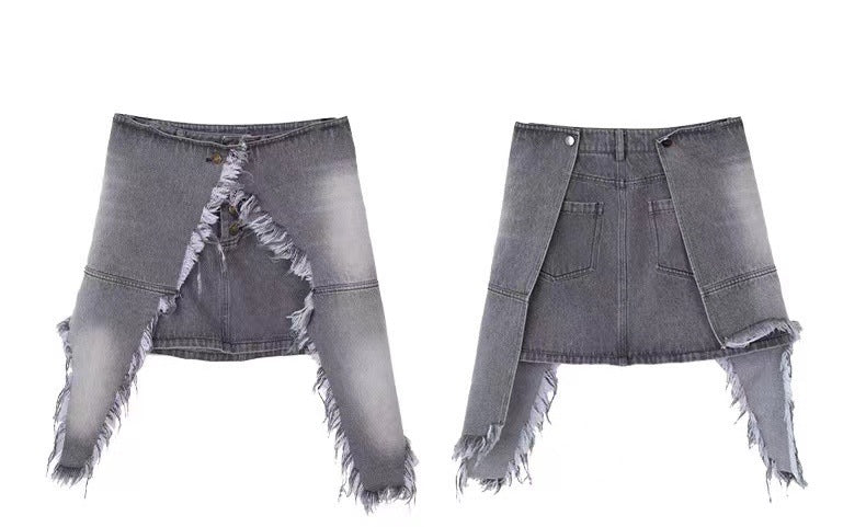 Hot Girl Denim Smoky Gray Irregular High Waist Skirt