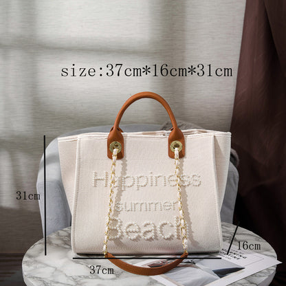 Women's Fashion Large Capacity Pearl Embroidery Canvas Bag