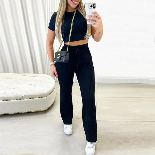 Round Neck Short Sleeve Straight Pants Sports Casual Suit