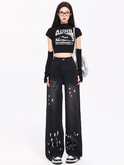 Embroidered Jeans Autumn And Winter New High Waist Splash-ink Wide Leg Straight Mop Pants