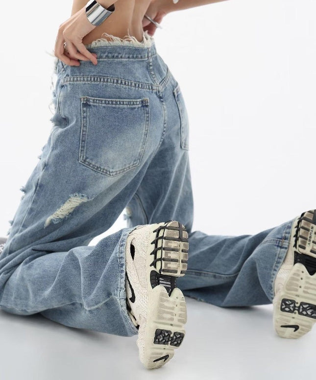 Ripped Jeans Women's High Waist Trendy High-looking Versatile Slimming Straight-leg Wide-leg Pants