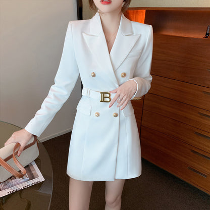 High Waist Slim Double-breasted Suit Collar Dress