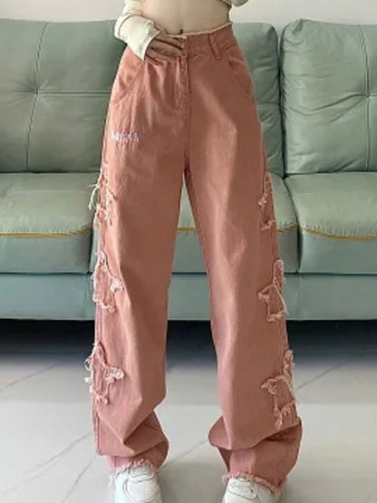 American Retro Minority Design Patch Wide Leg Mop Pants Women