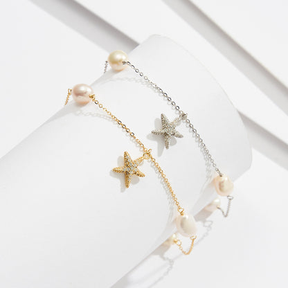 Sterling Silver Beach Style Pearl Five-pointed Star Pendant Anklet