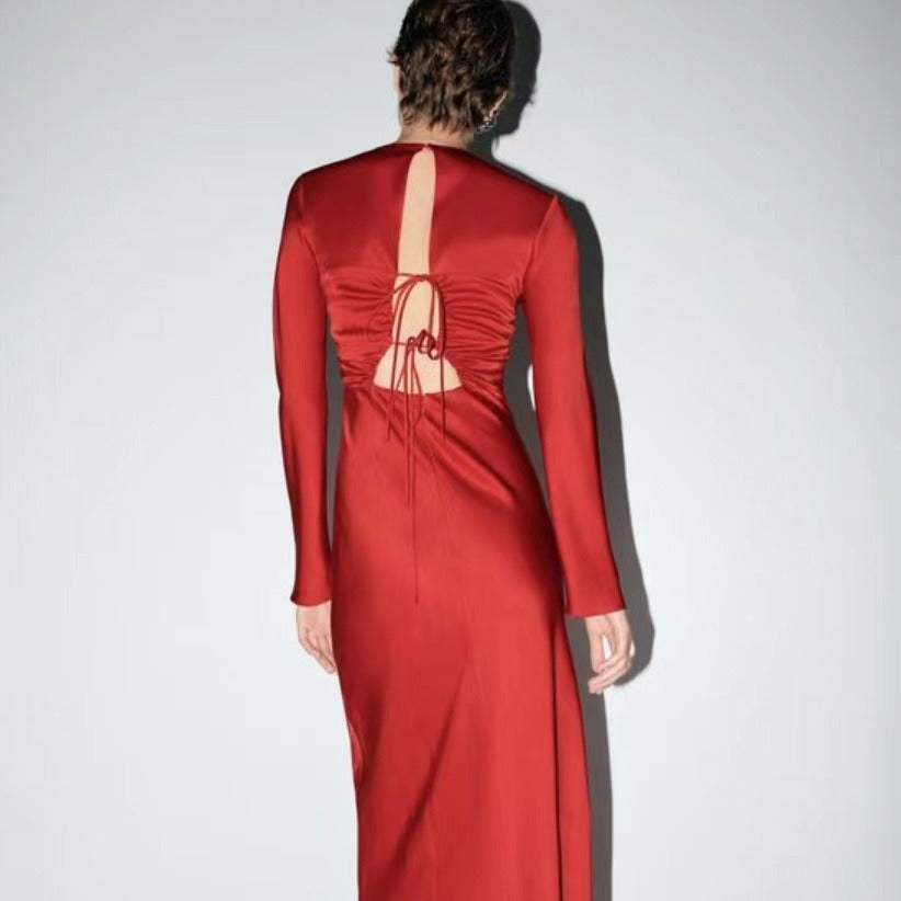 Mopping Long Sleeve Tied Slimming Red Christmas Wind Temperament Long Dress