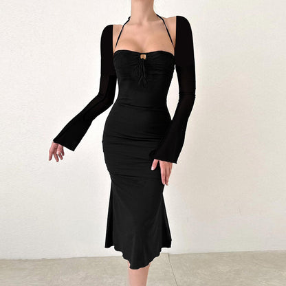 Women's Autumn Halterneck Long-sleeved Thin Strap Slim Fit Dress