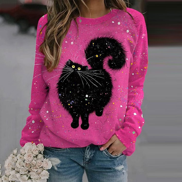 Cute Cat Creative Printing Women's Long Sleeve Crew Neck Sweater