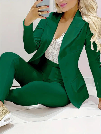 Solid Color Minimalist Long Sleeve Suit Top And Trousers Suit