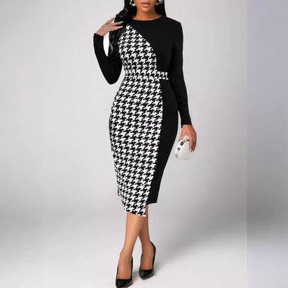 Houndstooth Long Sleeve Elegant Style Sheath Dress