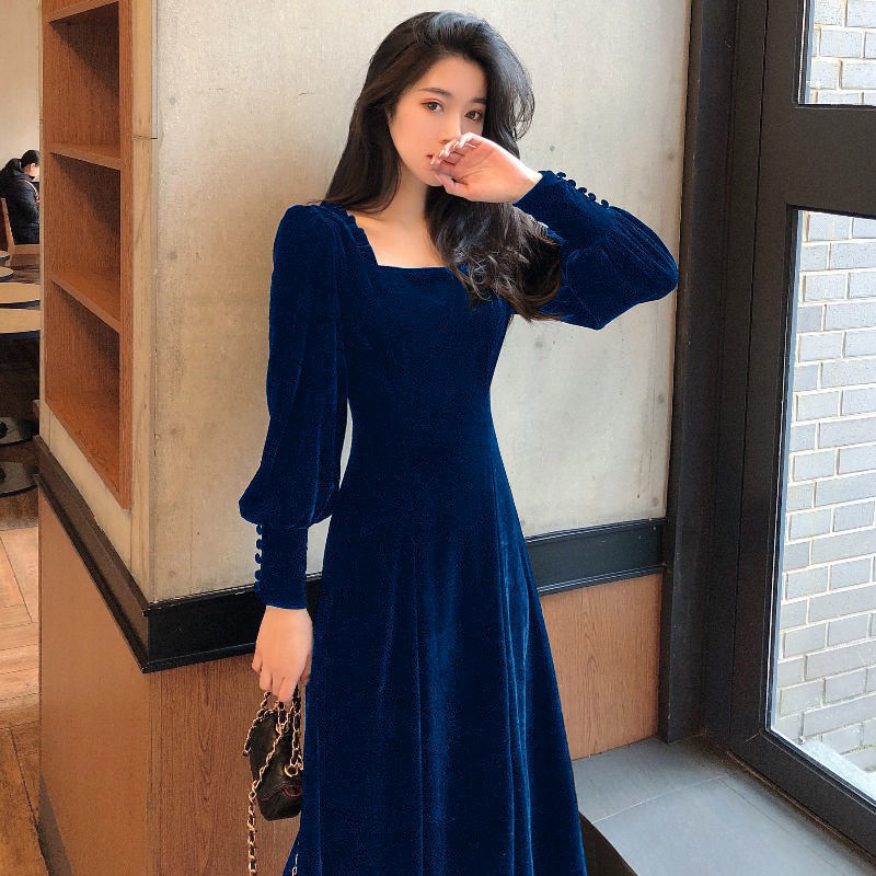 Gold Velvet Women's Slim Square Neck Hepburn Style Autumn And Winter Long Dress