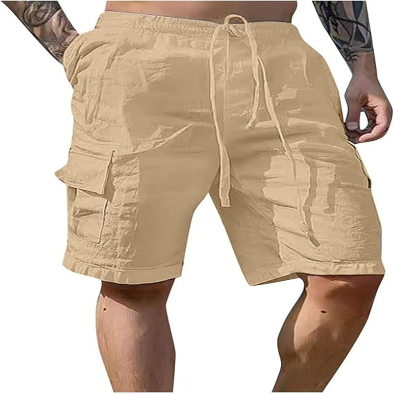 Cotton Linen Shorts Drawstring Elastic Waist Straight Leg Solid Color Breathable Beach Shorts