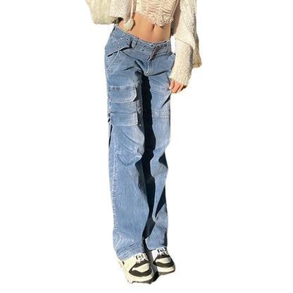 Vintage Mid Rise Belt Drawstring Straight Casual Pants