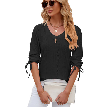 Button V-neck Solid Color Half Sleeves Loose-fitting T-shirt Top