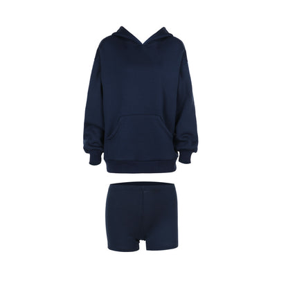 Women's Simple Style Casual Hooded Fleece And Shorts Suit