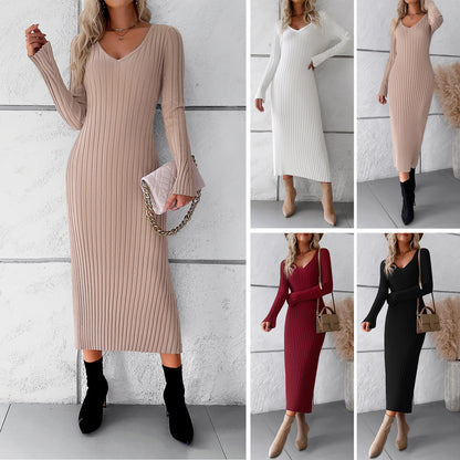 Women's Elegant V-neck Long Sleeve Woolen Dress