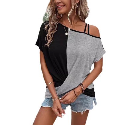 Two-color Color Cotton Stitching Women's Shoulder Strap T-shirt Cross Short Sleeve Top