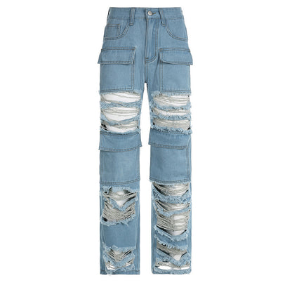 Women's High Waist Zipper Straight Ripped Jeans