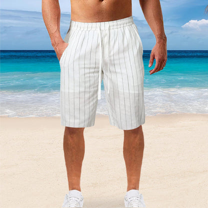 Men's Striped Lace-up Elastic Waist Casual Shorts