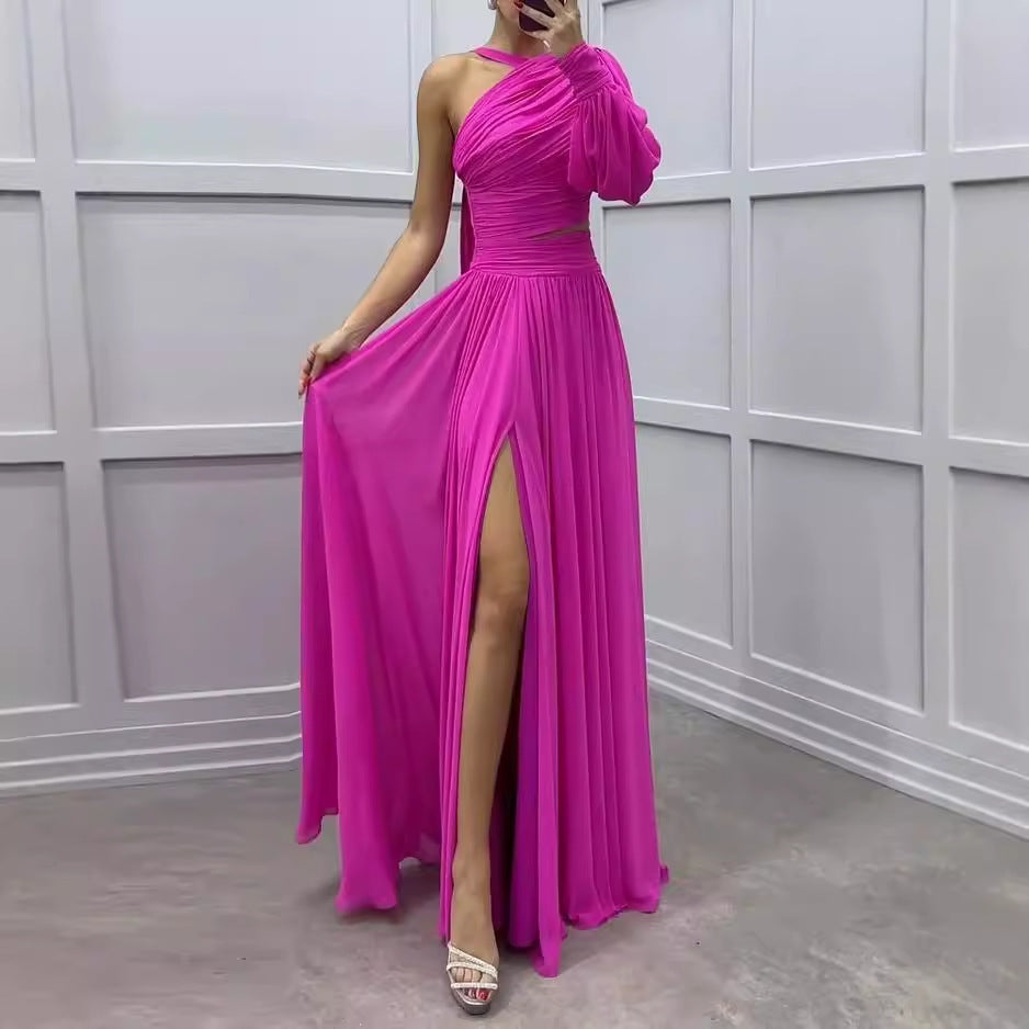 Women's Casual Off-shoulder Solid Color Pleated Hollow Dress