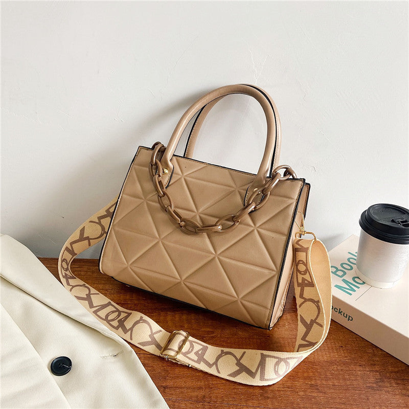 Bag Women's Bag New Spring Western Style Shoulder Bag Fashion Embroidery Thread Wide Shoulder Strap Rhombus Portable Messenger Bag