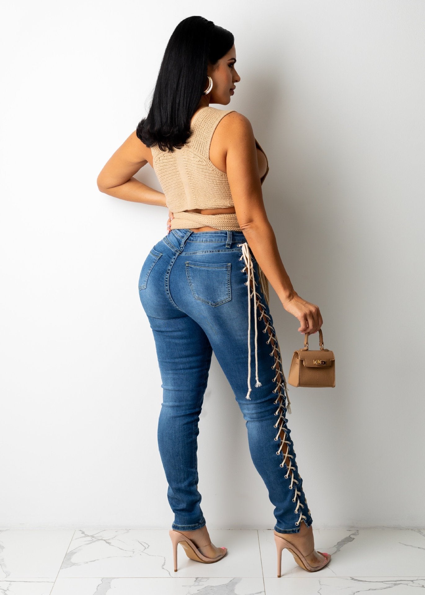 Eyelet Drawstring Elastic Sexy Slim Denim Trousers