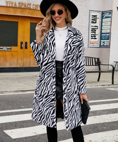 Fashion Leisure Suit Collar Artificial Leather Fur Coat Zebra Pattern Plush Long Coat Autumn And Winter