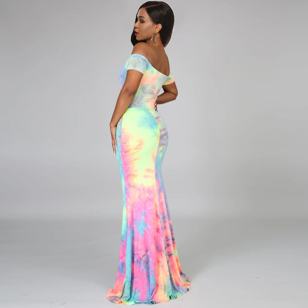 Off-shoulder Navel Tie-dyed Dress