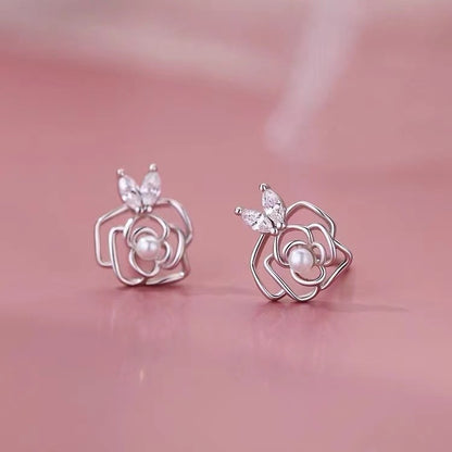 Sterling Silver Needle Flower Pearl Stud Earrings Minority Women