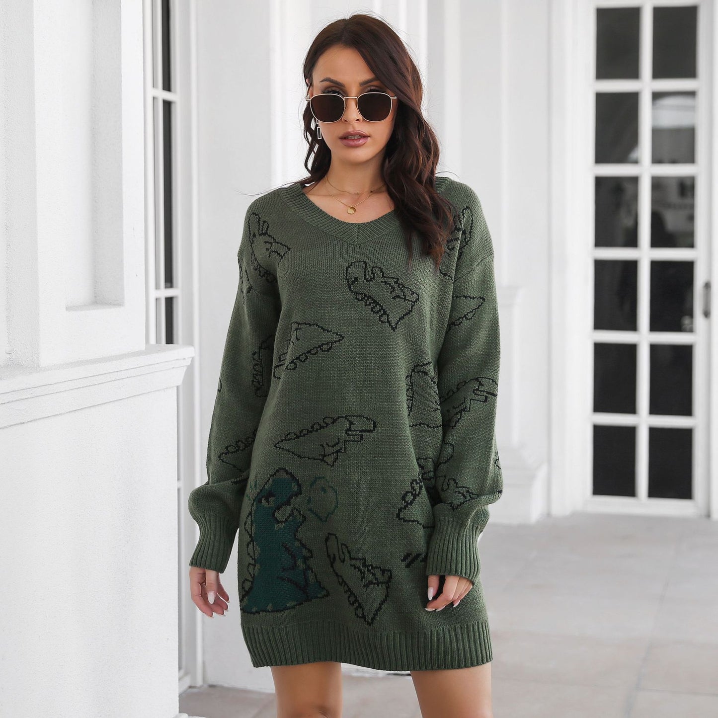 Cute Dinosaur Cartoon Jacquard V-neck Long Sleeve Sweater Dress Women's Loose Knitted Dress Autumn And Winter