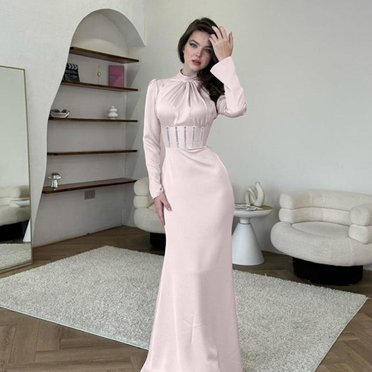 Autumn Fashion Style Half Turtleneck Rhinestone Long Sleeve Dress