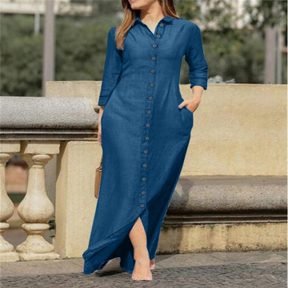 Women's Elegant Fashion Unisex Style Long Sleeve Lapel Cardigan Solid Color Long Cotton Linen Dress