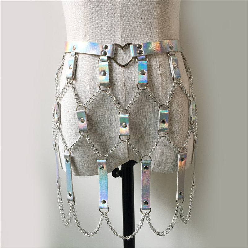 Punk Laser Leather Waist Chain Skirt