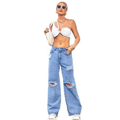 Women's High Waist Ripped Water Wash Denim Straight Pants