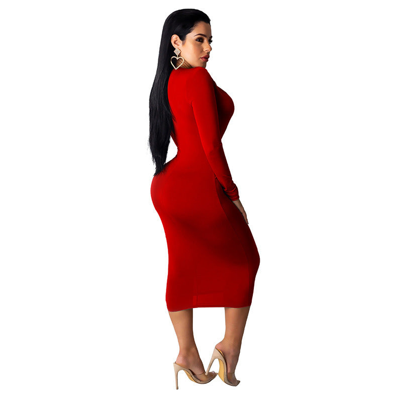 Deep V Neck Hip Dress Long Sleeve Dress