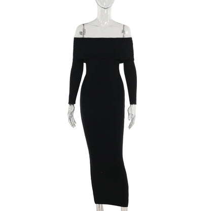 Socialite Style Elegant Slim-fit Woolen Off-shoulder Dress