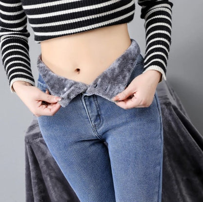 Women's High Waist Jeans Trendy Plush Fleece