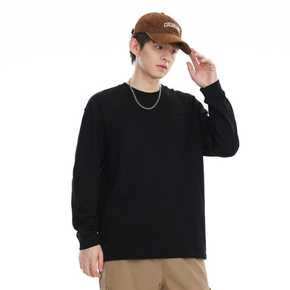 Slub Cotton Long Sleeve T-shirt Simple Embroidered Crew Neck Cotton Base Shirt