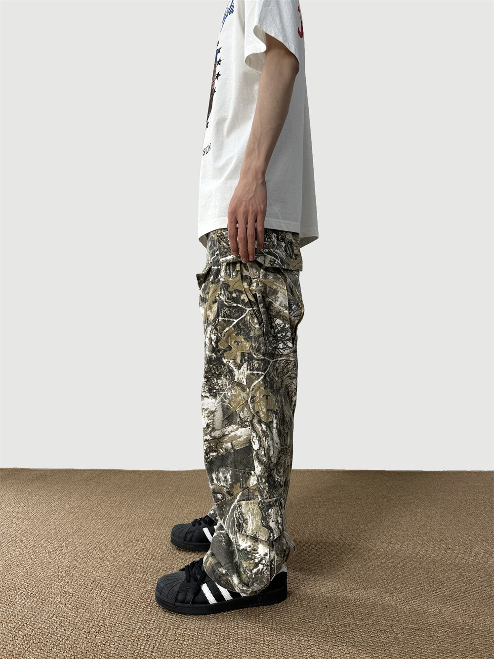 Loose Straight Tree Worn Looking Washed-out Camouflage Printed Overalls