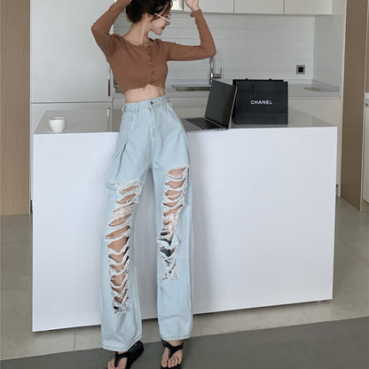 Ripped Straight  High Waist Wide Leg Pants Loose Mopping