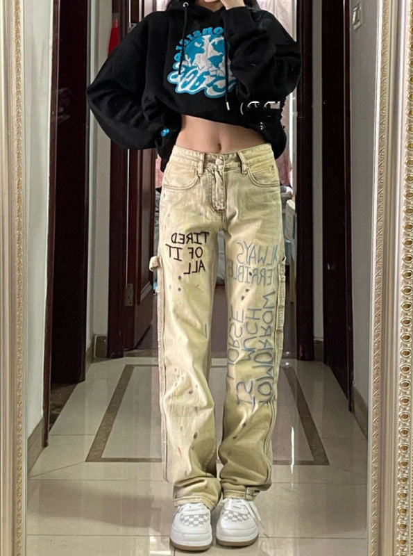 Design American Retro High Waist Straight Loose Wide Leg Jeans