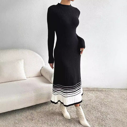 Women's Woolen Skirt Black And White Stripes Dress