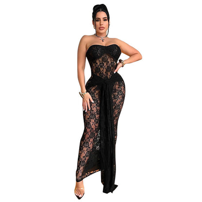 Adult Lady Like Woman Style Lace Chest Wrap Backless Midi Dress