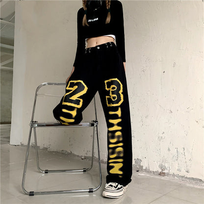 Harajuku Style Letter Print Straight Leg Women's High Waist Jeans