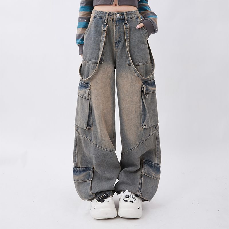 Retro Workwear Distressed Pocket Design Straight Mopping Pants