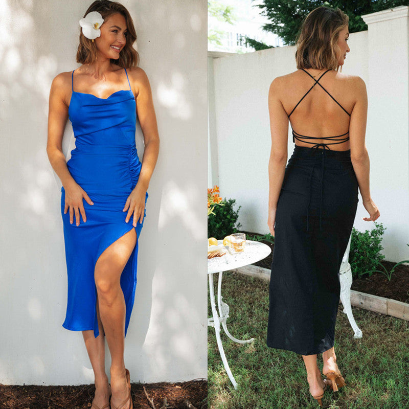 Slim Dress With Cross Straps Behind Halter Neck