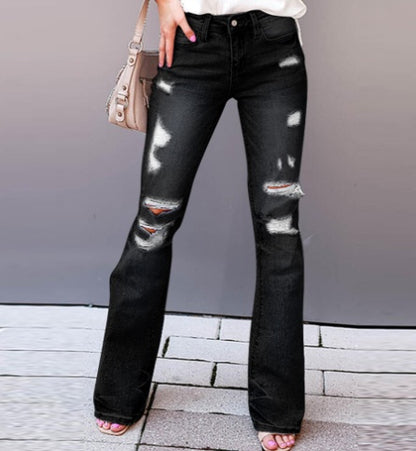 Autumn and winter micro-flare jeans straight-leg ripped jeans