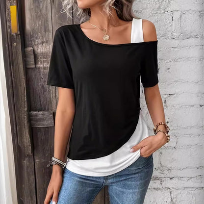 Fashionable Asymmetric Collar Off-the-shoulder Stitching T-shirt